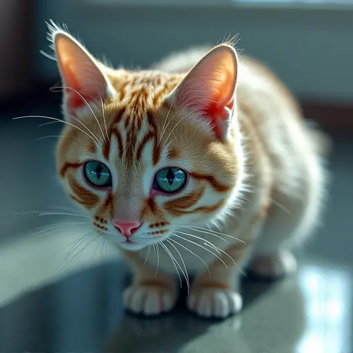 A cat with a mirror-like reflective surface, showing reflections of the digital world around it, emphasizing virtual realism.