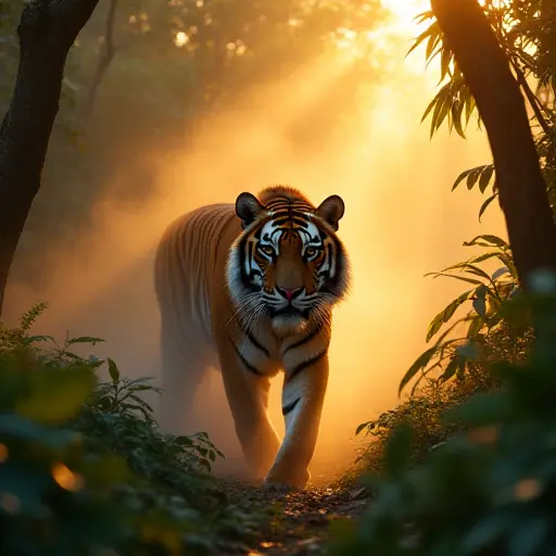 A tiger emerging from swirling mist in a dense rainforest at sunrise, with beams of golden light filtering through the canopy, illuminating its wet fur.