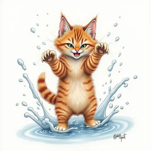 colored pencil drawing of A maine coon playfully splashing water with its paws, showing a mischievous expression.