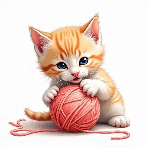 A kitten playing with a ball of yarn, sketched in playful, light pencil strokes and soft colors.