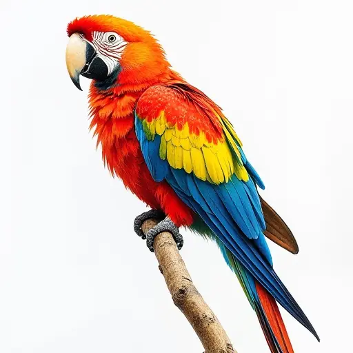 A vibrant parrot perched on a branch, its colorful feathers delicately shaded with colored pencils.