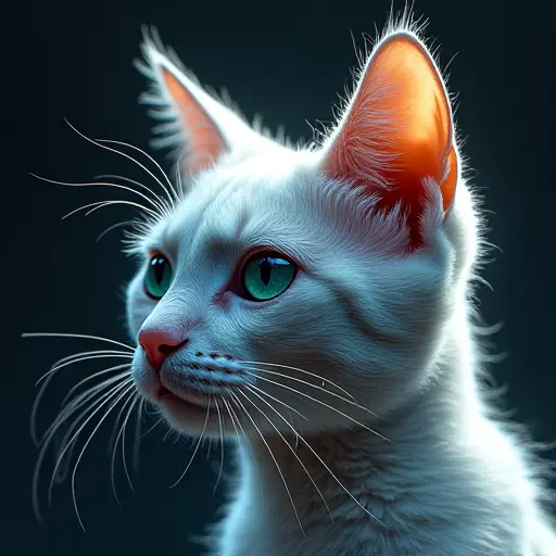 A surreal, hyper-realistic cat avatar with digital distortions and patterns, giving it a dream-like, tech-driven appearance.