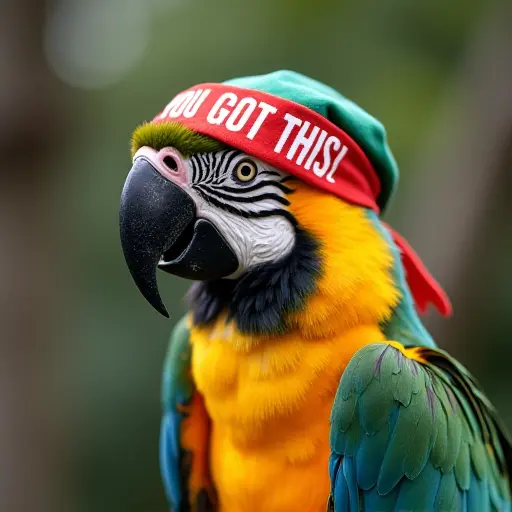 parrot, headband, slogan You Got This, energetic style