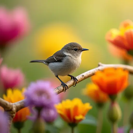 A small bird surrounded by vibrant flowers of different colors, perched on a delicate branch in a sunny garden.