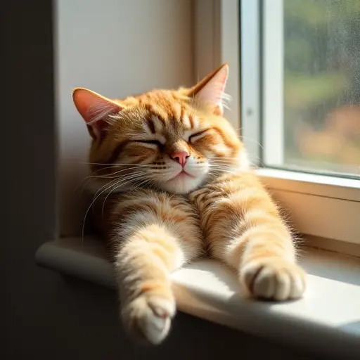 Lazy cat lying on a sunny windowsill, eyes half-closed, and paws stretched out.