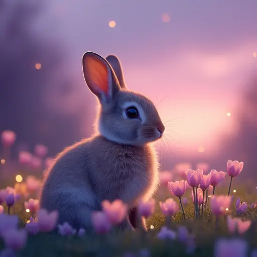 A rabbit surrounded by blooming evening primroses, sitting under a soft purple and pink twilight sky with fireflies glowing around it.