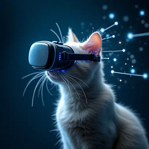 A cat with glowing virtual reality data streaming from its ears, making it appear to be connected to a digital world.