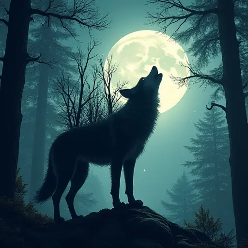 A wolf with trees growing out of its back, howling at the moon in a dense, enchanted forest.