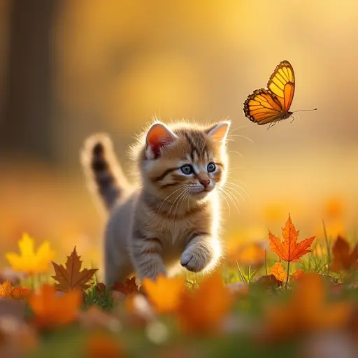 A tiny cat chasing a butterfly through a meadow covered in autumn leaves, the butterfly fluttering above it while the colorful leaves twirl around the playful kitten.