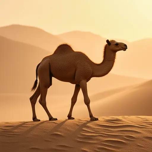 A camel silhouette formed from sand dunes, blending into the desert landscape with subtle texture and tone shifts.