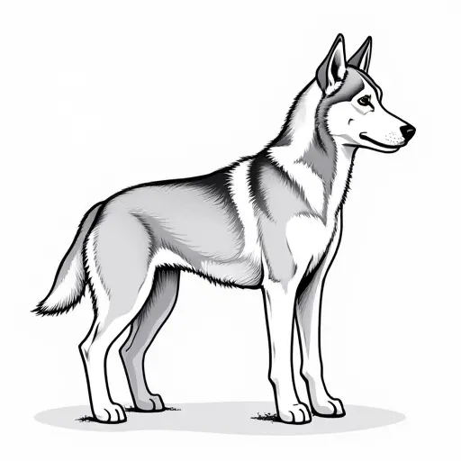 clean black and white hand-drawn outlines of a siberian husky from the side view