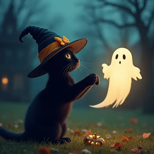 A mischievous black cat wearing a tiny witch's hat, playing with a floating ghost in the eerie glow of Halloween night, with a haunted house in the background.