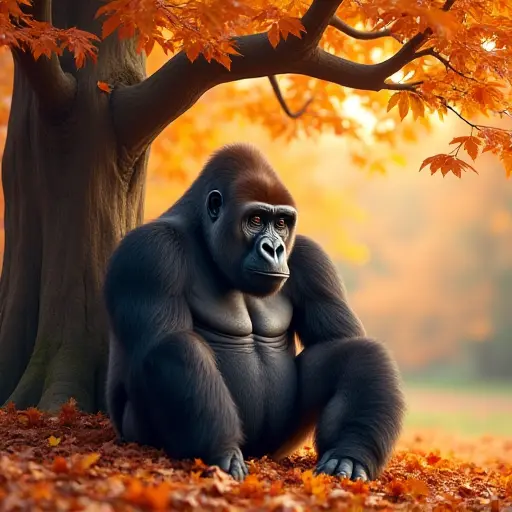 A gorilla sitting calmly beneath an autumn tree, its hands gently touching the ground covered with a blanket of vibrant, falling leaves in a peaceful forest.