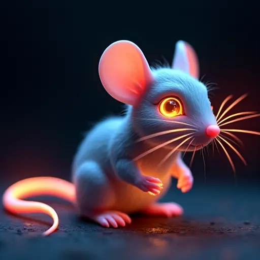 A rat with glowing laser beams emitting from its eyes and tail, designed with a sleek, high-tech, and glowing body.