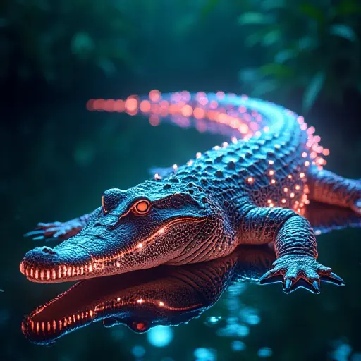 A crocodile with a body composed of shifting laser beams and holographic projections. Its scales are digital and constantly updating, giving the crocodile an ever-changing appearance as it lurks in a futuristic swamp.