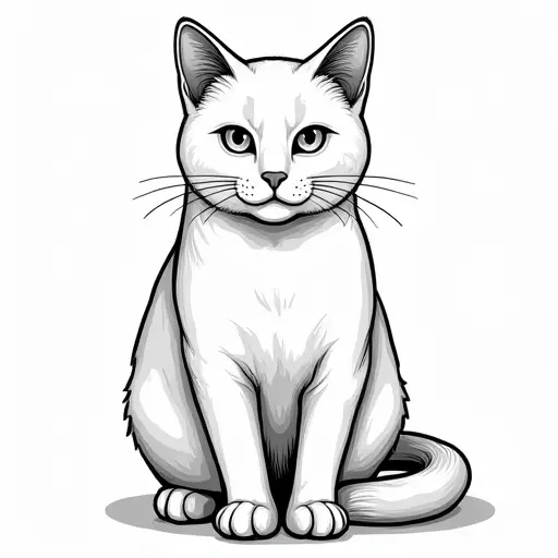 clean black and white hand-drawn outlines of a british shorthair from the front view