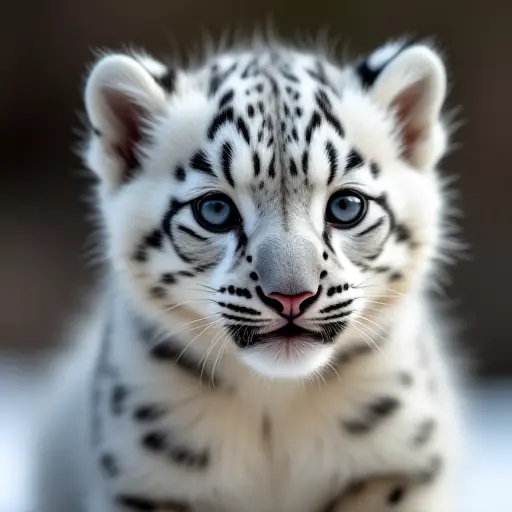 Cute snow leopard cub with white fur, black spots, and a curious look.