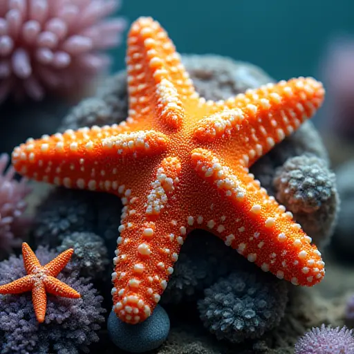 A starfish made of vibrant coral, its arms gently flowing outward, surrounded by shimmering sea creatures.