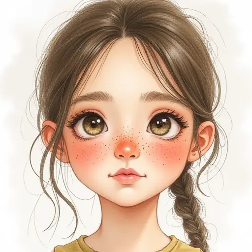 A girl with freckles across her face, drawn in soft pencil strokes with delicate watercolor accents.