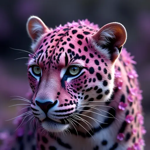 A leopard with spots made from violet-colored petals, blending floral elegance with the fierce nature of the animal.