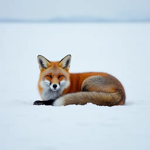 A fox resting in the snow on a vast frozen plain, with its tail curled around its body for warmth.