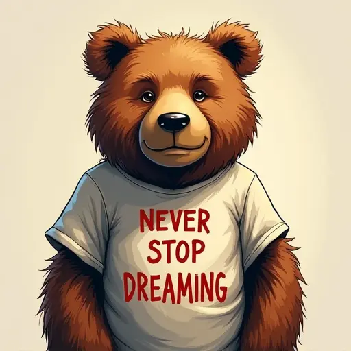 bear, T-shirt, slogan Never Stop Dreaming, whimsical style