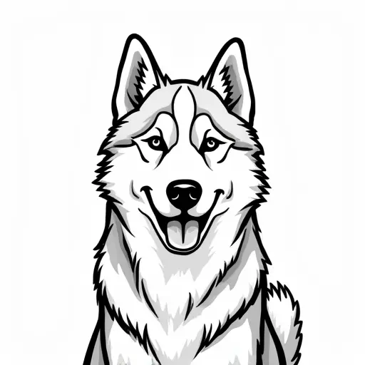 black and white simple line drawing of a siberian husky from the front view