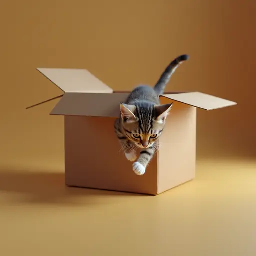 8k hyper real octane render blender of The kitten dives headfirst into the box, its tail swishing gently as it explores the surroundings.