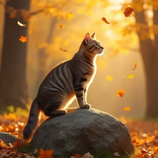 A cat standing tall on a rock in the middle of a forest clearing, with leaves flying through the autumn air around it, as it watches the wind carry the golden leaves.