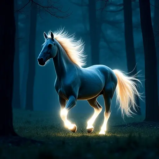 A horse galloping through a shadowy forest, its mane and tail glowing with bioluminescent streaks that light up the surroundings.