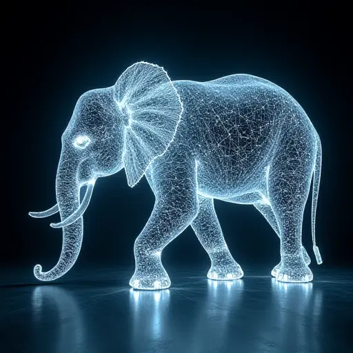 An elephant made of light and digital circuitry, with its form constantly shifting and bending to digital energy waves.