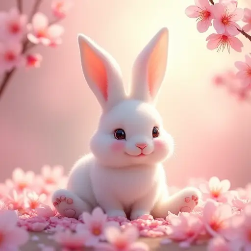 A gentle rabbit sitting on a bed of pink and white flower petals, surrounded by blooming cherry blossoms, with a soft spring breeze.