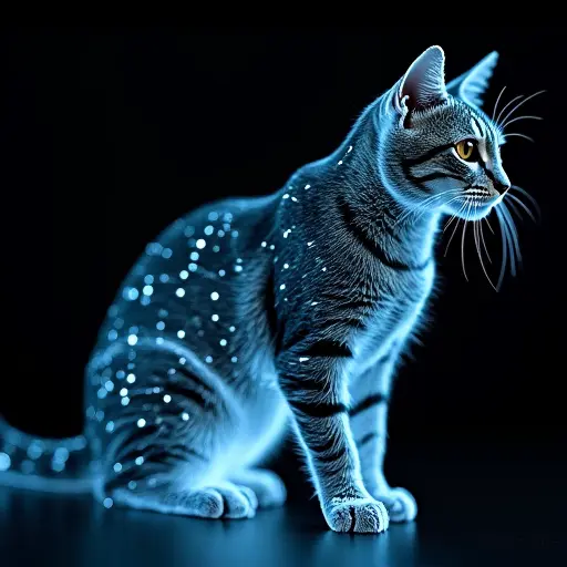 A cat with sharp, glowing laser-cut lines on its body, giving it a precision, high-tech appearance.