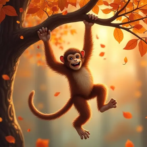 A playful monkey swinging from a tree branch, surrounded by a whirlwind of falling autumn leaves, its fur blending with the fiery colors of the leaves as it leaps joyfully from branch to branch.