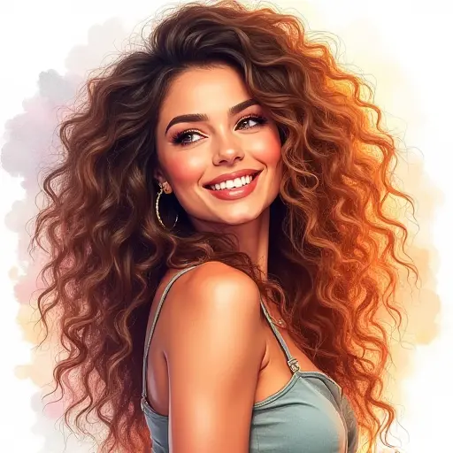 A celebrity woman with voluminous curly hair, drawn with soft, blended watercolor strokes for a vibrant look.