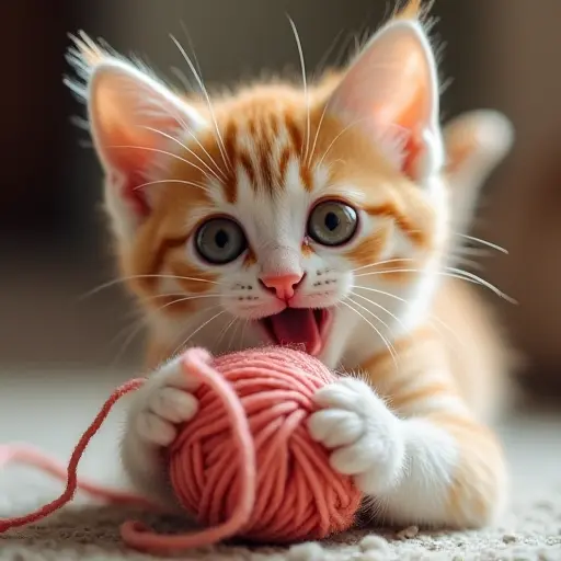 Playful kitten with a ball of yarn, large curious eyes, and a mischievous expression.