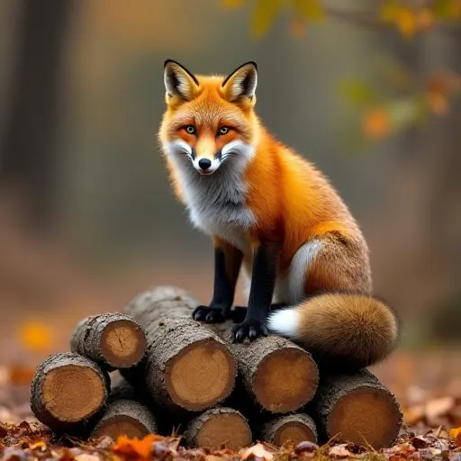 A fox sitting on top of a pile of fallen logs, its tail curled around its paws, as autumn leaves drift lazily to the ground around it, creating a rustic and cozy fall scene.