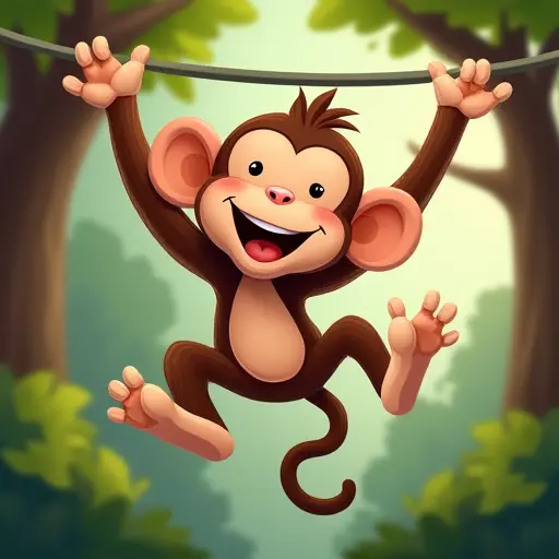 Playful monkey with a cheeky grin, swinging through the trees with a happy expression.