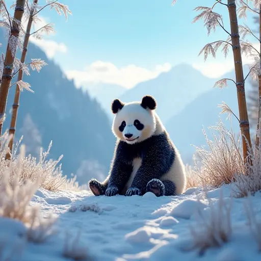 A panda sitting in the middle of a snowy mountain meadow, surrounded by frost-covered bamboo shoots under a bright blue sky.