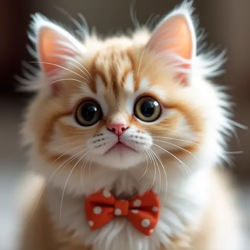 Adorable fluffy cat with big eyes, soft fur, and a cute little bowtie.