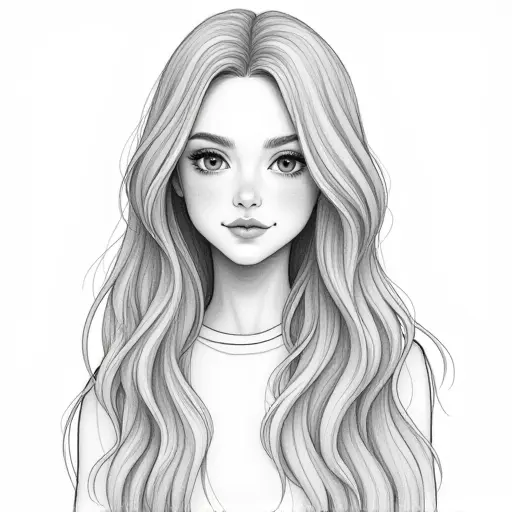 A girl with long, wavy hair, sketched with flowing pencil lines and subtle shading for depth.