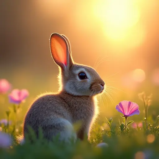 A rabbit basking in the soft light of dawn, surrounded by dewy grass and morning glories.