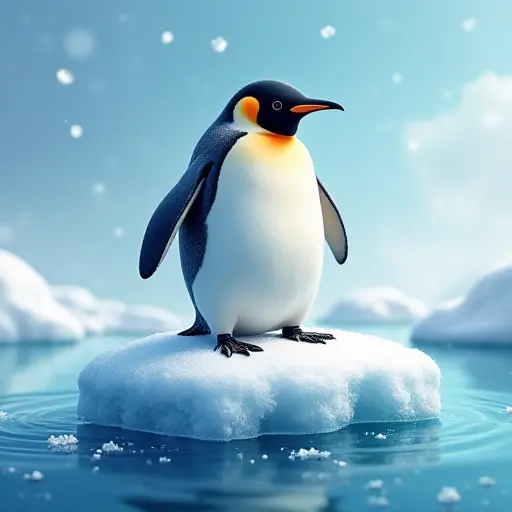 A penguin standing proudly on a glistening ice floe, surrounded by frozen ocean waters, with snowflakes falling gently in the crisp winter air.