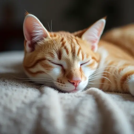 Lazy cat lounging on a cushion, eyes closed, with a content and relaxed expression.