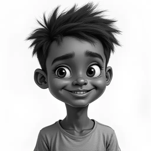 A boy with dark skin and short, spiky hair, drawn in soft pencil with subtle shading and a relaxed smile.