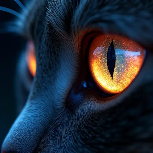 A cat’s eyes with digital, holographic pupils, constantly changing colors and patterns like an artificial intelligence system.