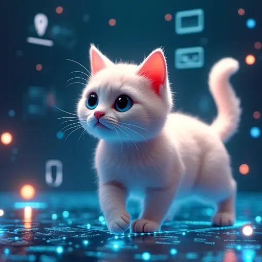 A cat avatar floating in a 3D augmented reality environment with virtual icons, data streams, and futuristic symbols.