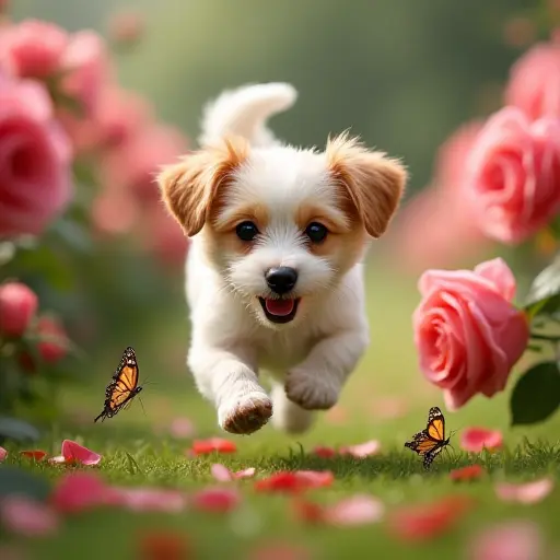 A small dog running through a rose garden, its tail wagging as it chases colorful butterflies, with the flowers’ petals falling softly around it in a swirl of colors.