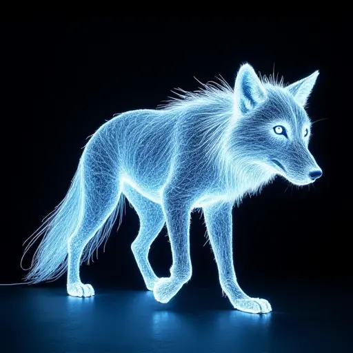 A wolf formed entirely from glowing optical fibers, its body illuminated with shifting light patterns that create a fluid, ethereal effect as it moves. The fibers are intricately woven into a complex structure mimicking muscle fibers.