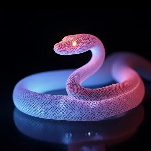 A snake made entirely from laser beams, with its body continuously shifting between solid and ethereal light. Its scales emit a soft glow, and its movements are smooth and fluid, creating a mesmerizing optical display.